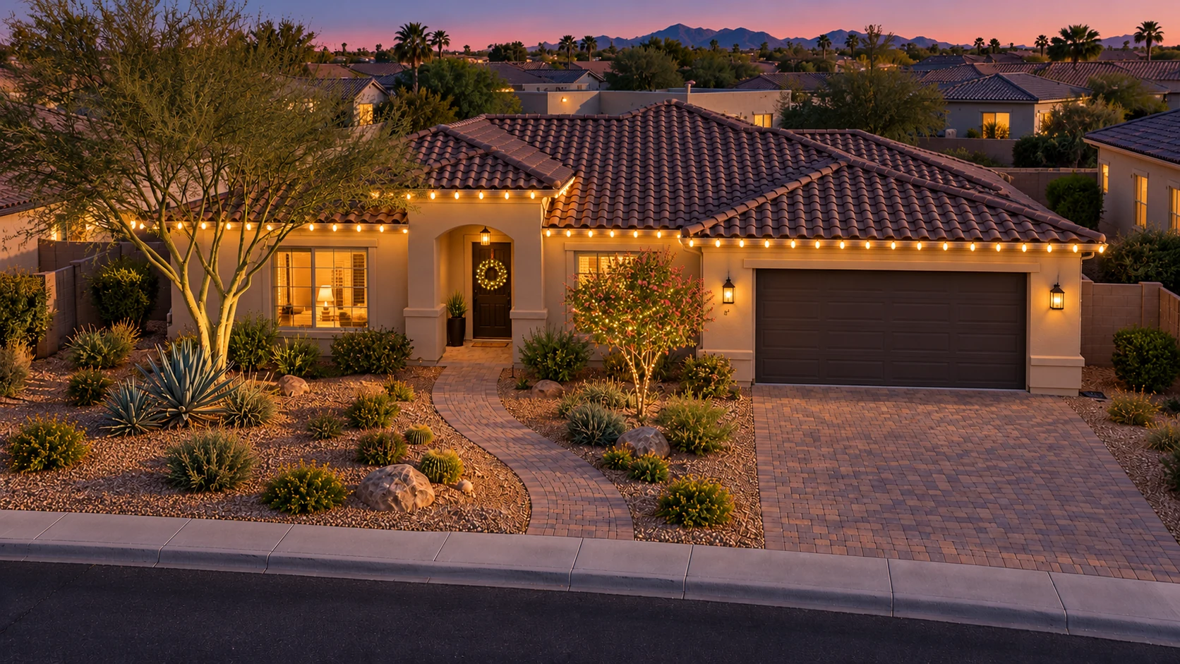 A single-story stucco home with a tile roof at dusk, warm white C9 lights along the roofline, a lit wreath on the front door and a wrapped ornamental tree, mountains behind