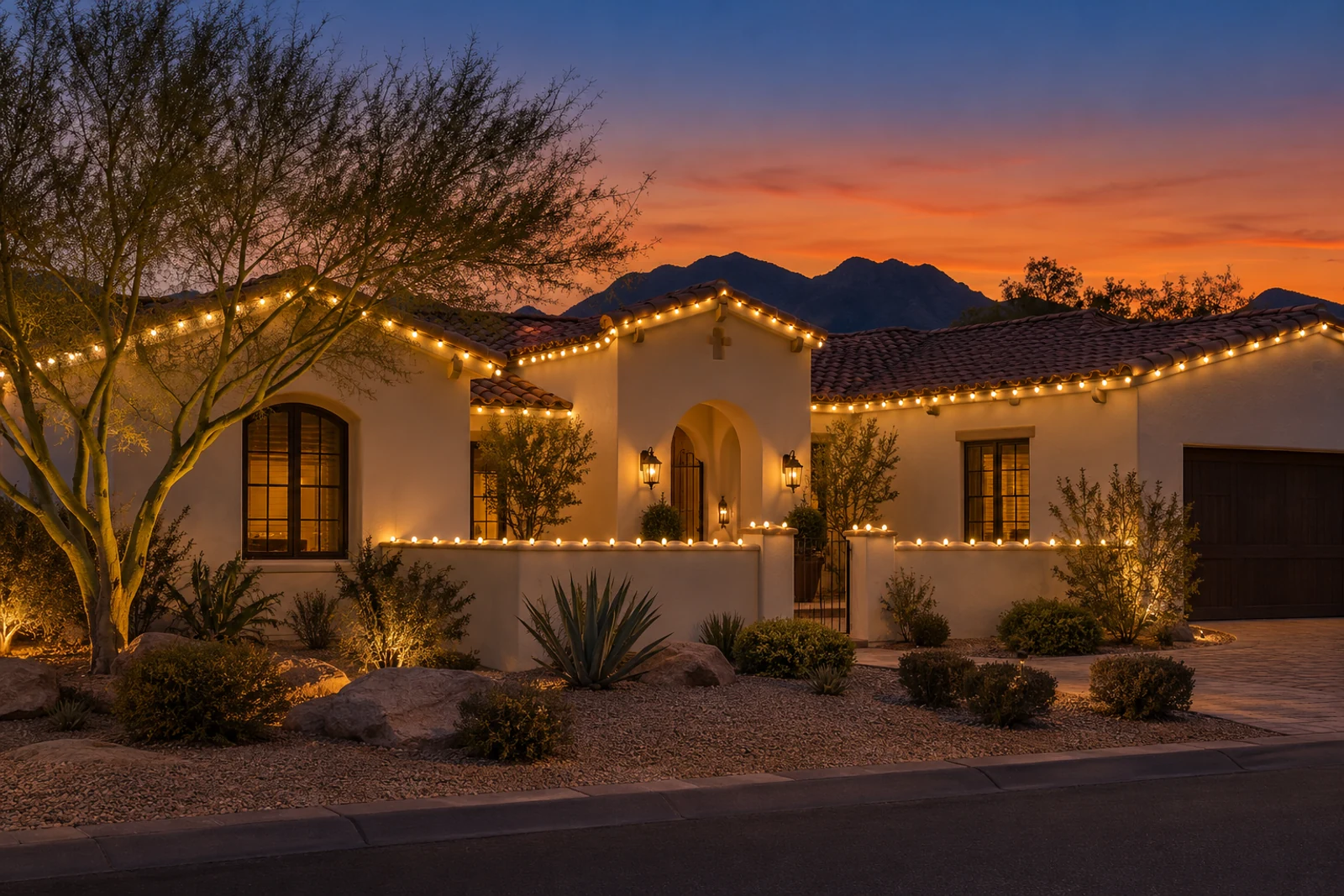 A white Spanish-style home with warm white lights along the tile roofline and the top of the courtyard wall, lanterns at the arched entry