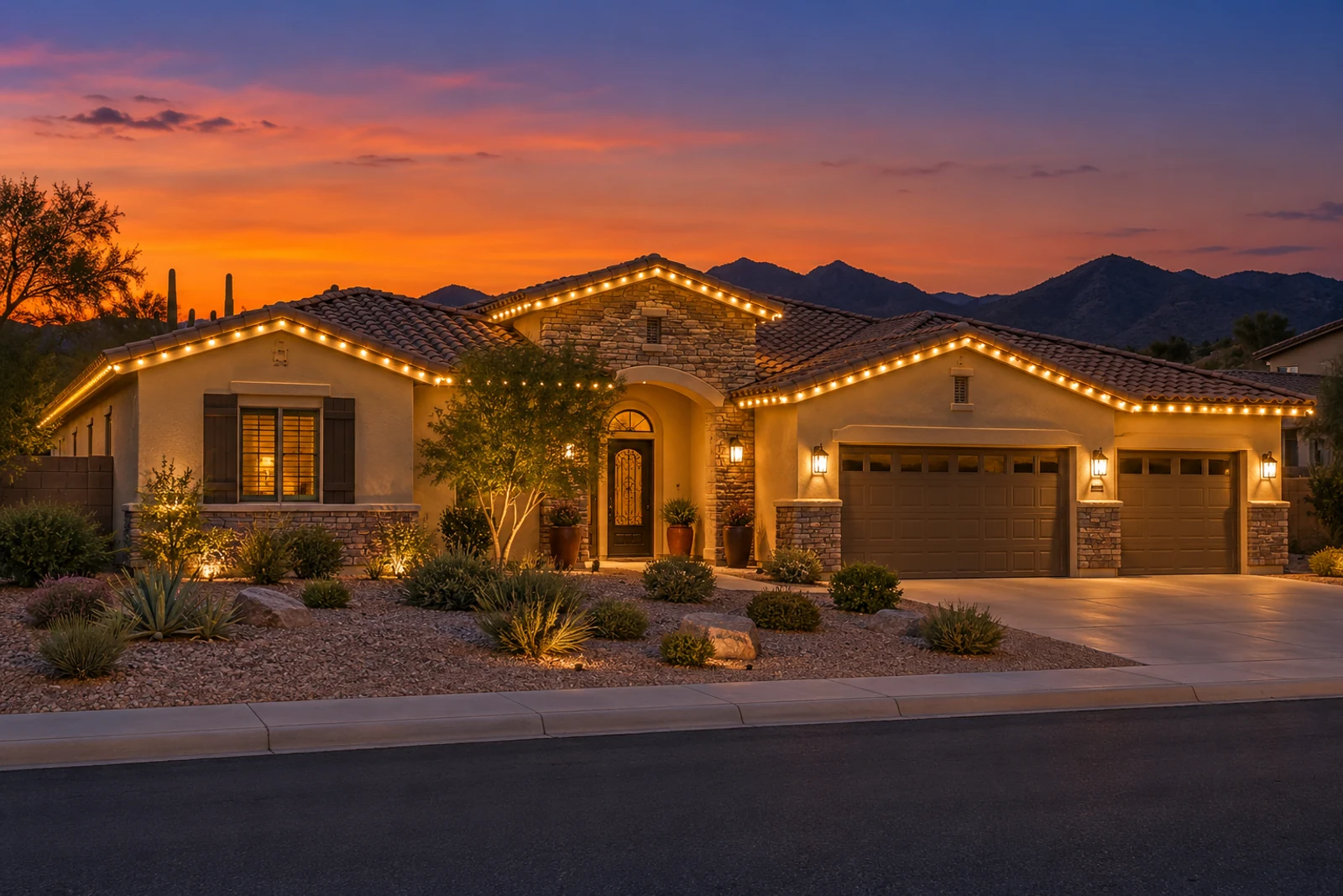 A single-story stucco home with warm white C9 lights along the whole front roofline over a three-car garage