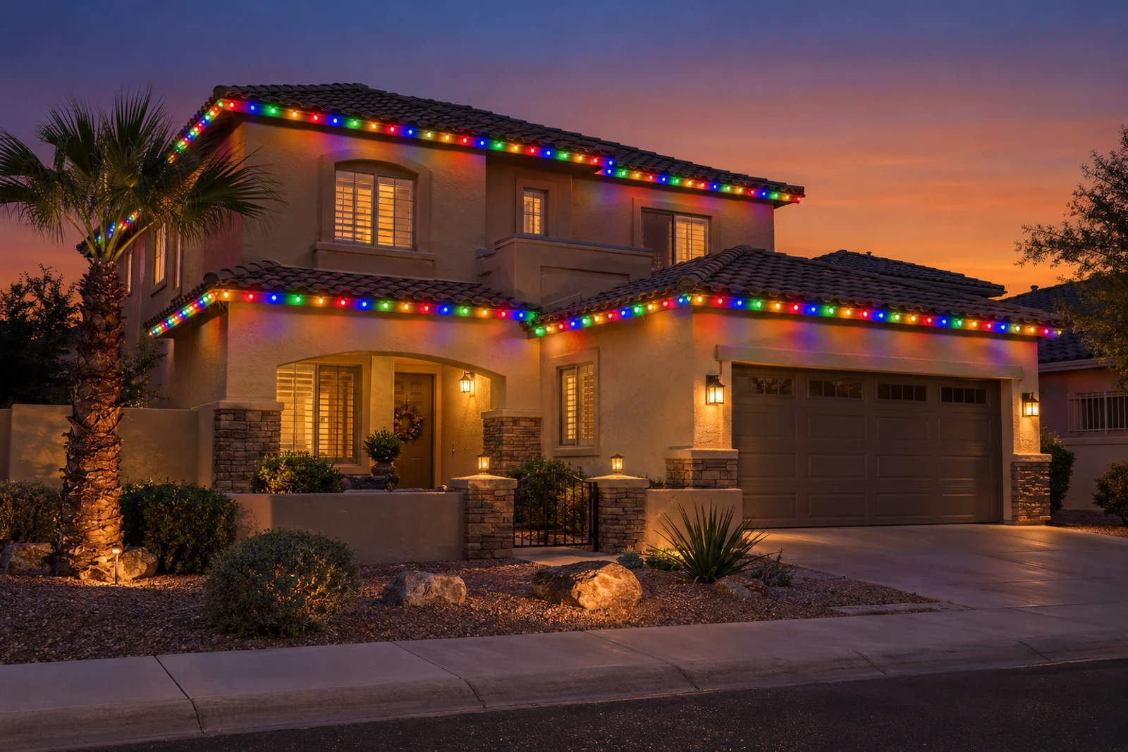 A two-story stucco home with multicolor C9 lights on both rooflines and a palm in the front yard