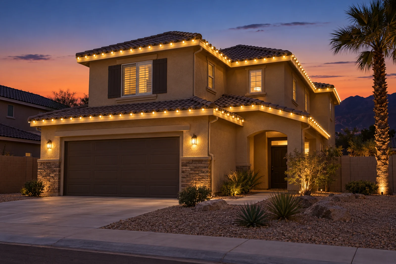 A two-story stucco home with warm white C9 on the upper and lower rooflines