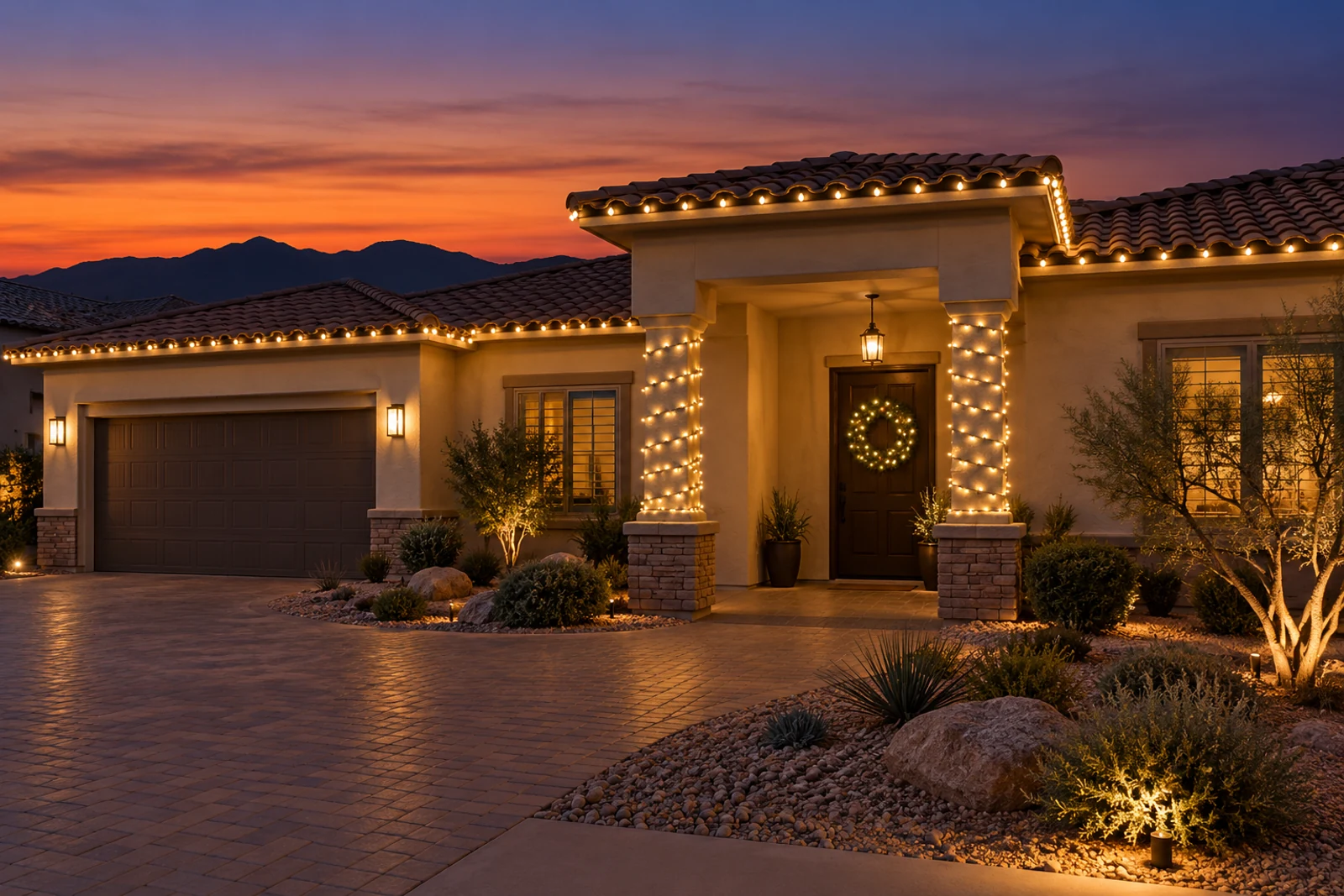 A single-story stucco home with warm white roofline lights, both stone-based entry columns wrapped, and a lit wreath on the front door