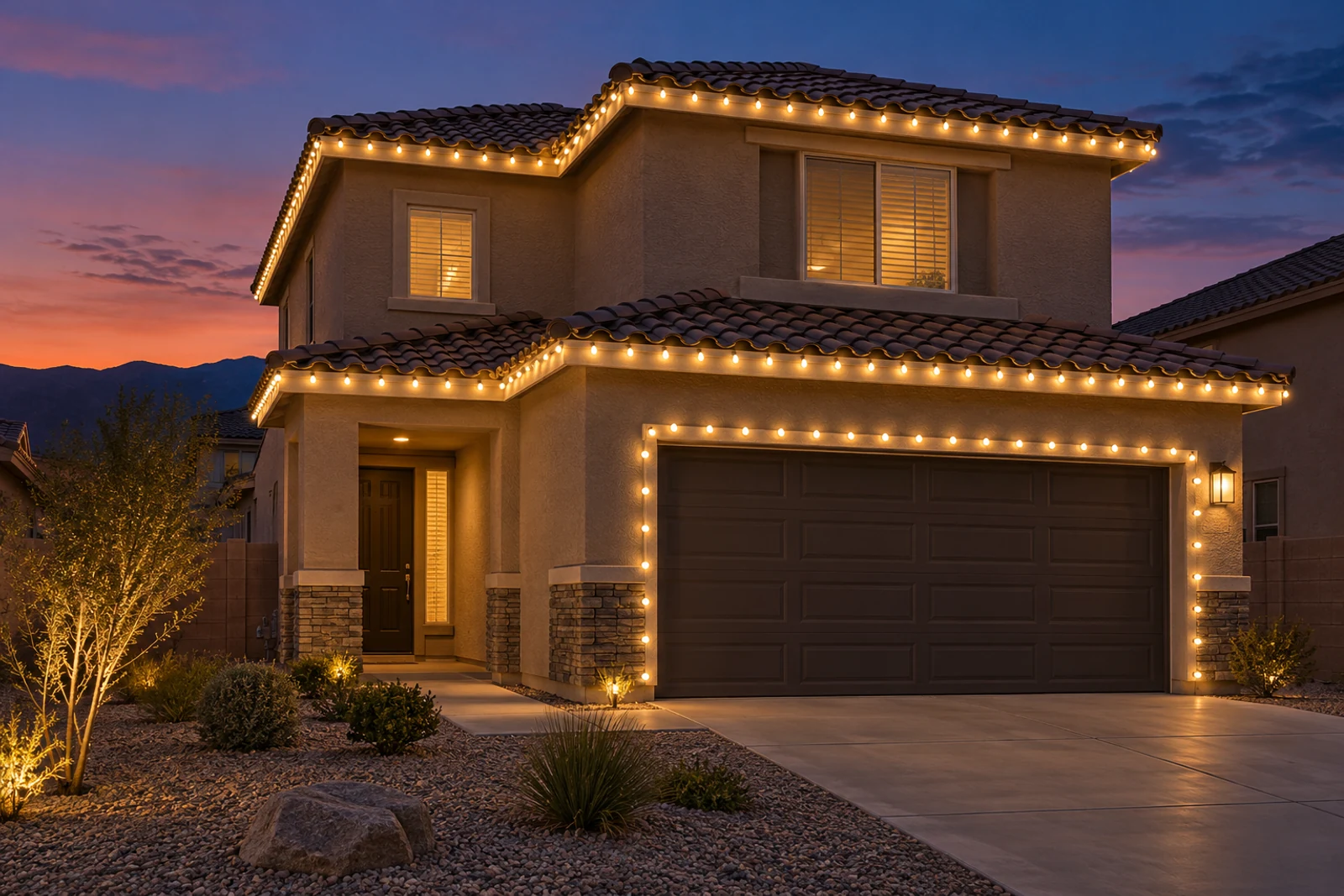 A two-story stucco home with warm white C9 on both rooflines and the garage opening outlined
